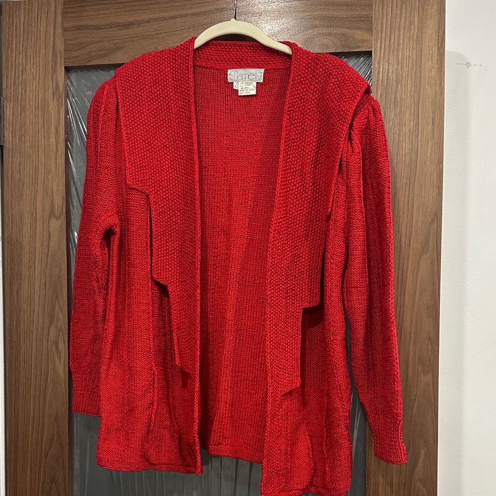 Open-Front Red Knit Cardigan Sweater by Karen